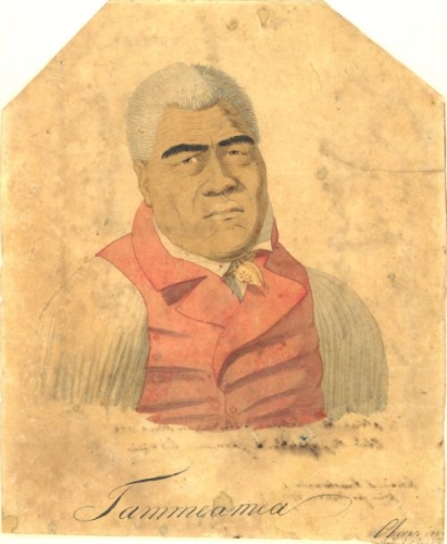 "Tammeamea." 1816-1817, watercolor by Louis Choris. On November 24, 1816, Louis Choris, an artist on a Russian expedition to Hawai`i under the direction of Otto von Kotzebue, painted this portrait of King Kamehameha I clad in a red vest. Earlier that morning, Kamehameha greeted the foreigners dressed in a malo and a black kapa cloak. By the time Kamehameha arrived to the portrait sitting, he changed his attire to “blue trousers, a red waistcoat, a clean white shirt and a necktie of yellow silk.” Choris describes King Kamehameha’s costuming as that of a “sailor.” By 1816, Kamehameha, in dealing with visitors to Hawai`i, owned numerous garments of foreign origin (including both British and Russian naval uniforms). Could the choice of wearing indigenous attire for greeting the Russian expedition and the subsequent donning of the garment of a “sailor,” have been a purposeful decision or simply a matter of comfort? In either case, Kamehameha’s decision prevented the possibility of slighting the Russian visitors by wearing a British uniform. It also prevented a show of alliance with Russia in the aftermath of the Russian political aggression in Hawai`i enacted by Georg Anton Scheffer. Collection: Art Collection Call Number: Art. People. Kamehameha. Location: Bishop Museum Archives Image from Bishop Museum Archives, Honolulu, Hawaii. Images are not to be re-used without permission.