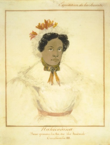 Expedition de la Bonite / Nahienaena Soeur germaine du Roi des iles Sandwich Tamehameha III [Hawai‘i]. ca. October 9, 1836 by Barthelemy Lauvergne. Watercolor, pencil and wash on paper. Call Number: Art. People. N. Image from Bishop Museum Archives, Honolulu, Hawaii. Images are not to be re-used without permission.