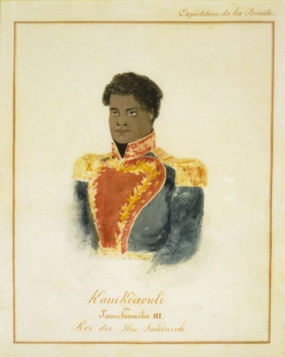 Expedition de la Bonite / Kauikeaouli ou Tamehameha III, Roi des Iles Sandwich [Hawai‘i]. by Barthelemy Lauvergne, ca. October 9, 1836. Watercolor, pencil and wash on paper. Call Number: Art. People. Kamehameha III. Image from Bishop Museum Archives, Honolulu, Hawaii. Images are not to be re-used without permission.