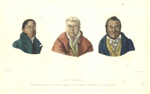 Iles Sandwich [Hawai‘i]. 1. Kraimoku, surnomme Pitt, 1er ministre du Roi; 2. Young, favori du Roi Tameameha; 3. Keihe-Koukoui, surnomme Jack, pilote royal. ca. 1825. Hand-colored engraving. Artist: J. Alphonse Pellion. Engraver: Roger. From: Freycinet, Voyage Autour Du Monde…Atlas Historique (Paris: 1825), pl. 84. Call Number: Art. E. C. Hawaiian. People. Men. Image from Bishop Museum Archives, Honolulu, Hawaii. Images are not to be re-used without permission.