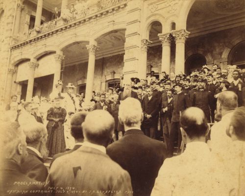 Sanford Dole, as President, proclaiming the Republic of Hawai‘i at ‘Iolani Palace, Honolulu, Hawai‘i, July 4, 1894. Photographer: Joaquin A. Gonsalves. Call Number: G. & P. Republic of Hawai‘i. Image from Bishop Museum Archives, Honolulu, Hawaii. Images are not to be re-used without permission.