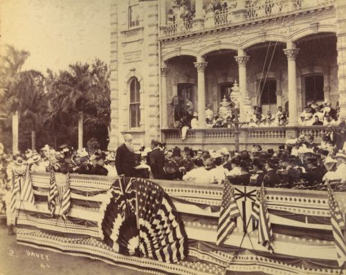 Sanford B. Dole (center) transferring Hawai‘i to U.S. annexation, ‘Iolani Palace, Honolulu, Hawai‘i. August 12, 1898. Photographer: Frank Davey. Call Number: G. & P. Republic of Hawaii. Annexation. 1898. F3. Image from Bishop Museum Archives, Honolulu, Hawaii. Images are not to be re-used without permission.