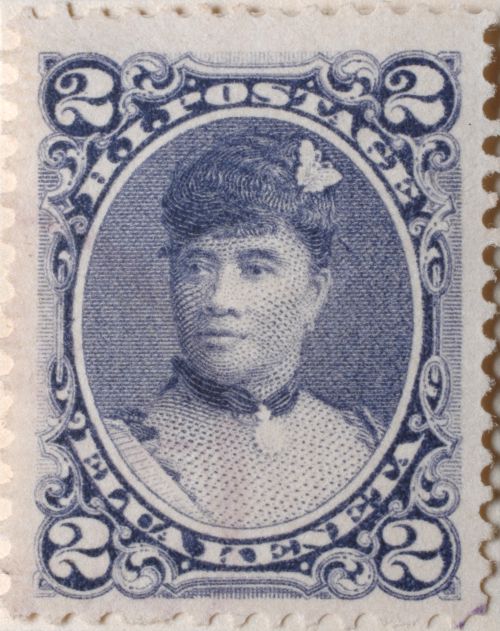 Hawaiian Kingdom Stamp of Queen Lili‘uokalani. Collection: Thrum Collection Call Number: Box 1 6381 #7, pg. 6. Image from Bishop Museum Archives, Honolulu, Hawaii. Images are not to be re-used without permission.
