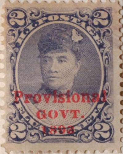Provisional Government in Red Ink Over the Hawaiian Kingdom Stamp of Queen Lili‘uokalani. Collection: Thrum Collection Call Number: Box 1 6381 #7, pg. 7. Image from Bishop Museum Archives, Honolulu, Hawaii. Images are not to be re-used without permission.