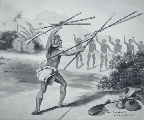 Kamehameha I at Spear Practice. ca. 1872. India ink and wash drawing by an unknown artist. Adapted from: Rev. J.G. Wood. The Uncivilized Races of Man in all Countries of the World. Hartford: J.B. Burr, 1872. vol. II, opp. page 1088. Call Number: Art. People. Kamehameha I. Image from Bishop Museum Archives, Honolulu, Hawaii. Images are not to be re-used without permission.
