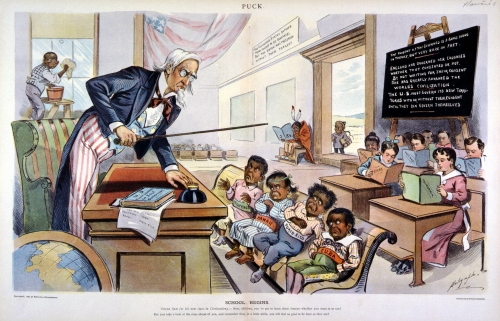 School Begins. January 25, 1899. Color lithograph by Dalrymple. From: Puck. January 25, 1899. Collection: Art Collection Call Number: Art. Government & Politics. Political Cartoons. Location: Bishop Museum Archives Image from Bishop Museum Archives, Honolulu, Hawaii. Images are not to be re-used without permission.