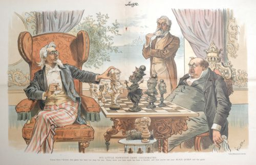 “His Little Hawaiian Game Checkmated,” referring to President Cleveland’s desire to restore Queen Lili`uokalani (to the throne after the overthrow), being prevented by a congressional resolution not to intervene in Hawai`i politics in May 1894 and/or the declaration of the Republic of Hawai`i on July 4, 1894. From left: Uncle Sam, Secretary of State Walter Gresham (standing), President Grover Cleveland (seated). Chess pieces on chessboard: Senator David B. Hill, Representative Charles A. Boutelle, generic “Senator”, Queen Lili`uokalani, James H. Blount (Minister to Hawai`i opposed to the overthrow), Albert S. Willis (Minister to Hawai`i after Blount). Chess pieces on table: Senator Daniel W. Voorhees (lying down), Senator John T. Morgan, Senator John Sherman. Call Number: Art. G.&P. Political Cartoons. Image from Bishop Museum Archives, Honolulu, Hawaii. Images are not to be re-used without permission.