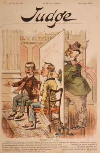 Claus Spreckles as puppeteer of the Hawaiian Commissioner and Commission (originally a three person commission: L.A. Thurston, W.R. Castle, and W.C. Wilder. These commissioners were joined by W.N. Armstrong, C.R. Bishop, Archibald Hopkins, W.A. Kinney, Dr. John Mott Smith, and Special Commissioner Charles M. Cooke). From: Judge. February 18, 1893, vol. 24, # 592. Collection: Art Collection Call Number: Art. G.& P. Political Cartoons. Location: Bishop Museum Archives Image from Bishop Museum Archives, Honolulu, Hawaii. Images are not to be re-used without permission.