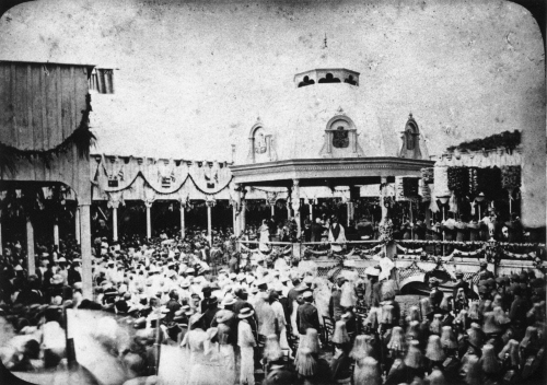 Coronation of King Kalākaua at ‘Iolani Palace; Honolulu, Hawai‘i, February 12, 1883. Collection: C.J. Hedemann Photographic Collection Call Number: Album: 1981.254.04 #57 Accession Number: 1981.254.04 Location: Bishop Museum Archives Image from Bishop Museum Archives, Honolulu, Hawaii. Images are not to be re-used without permission.