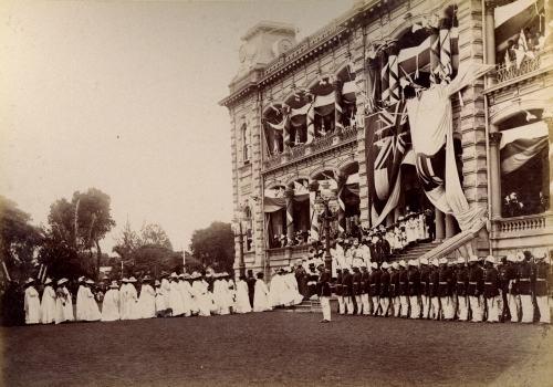 Reception line for King Kalākaua's Jubilee celebration, ‘Iolani Palace, Honolulu, Hawai‘i. November 1886. Call Number: Government & Politics. Monarchy. Kalākaua. Jubile Image from Bishop Museum Archives, Honolulu, Hawaii. Images are not to be re-used without permission.
