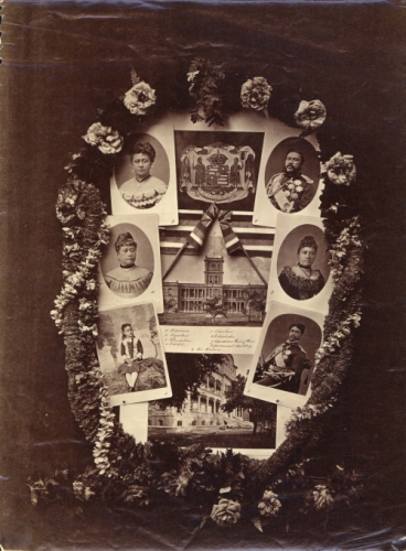 Collage showing King Kalākaua and family. Left to right from top: Queen Kapi‘olani, King Kalākaua, Princess Likelike, Princess Lili‘uokalani, Princess Kai‘ulani, Prince Leleiohoku. Call Number: [SP 96955] People. Kalākaua. Folder 2. Image from Bishop Museum Archives, Honolulu, Hawaii. Images are not to be re-used without permission.