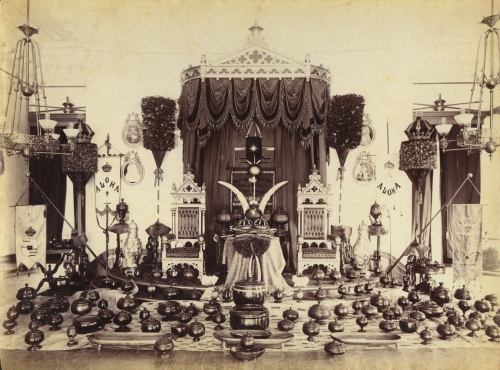 Ho‘okupu (gifts or offerings) presented on King Kalākaua’s 50th birthday, ‘Iolani Palace Throne Room; Honolulu, Hawai‘i. November 1886. Call Number: Government & Politics. Monarchy. Kalākaua. Jubile Image from Bishop Museum Archives, Honolulu, Hawaii. Images are not to be re-used without permission.