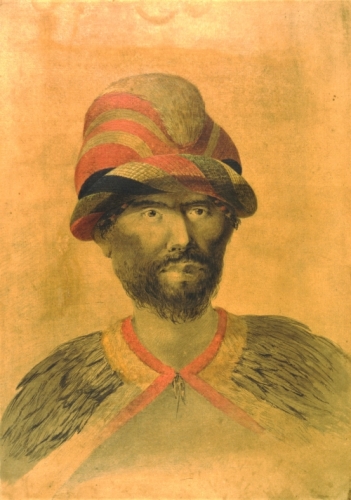 Man From the Sandwich Islands with Feathered Helmet, Helmet Band and Cape. Ink and Watercolor by John Webber, 1778. Call Number: Art. Ethnic Culture. Hawaiian. People. Men. Location: Archives Image from Bishop Museum Archives, Honolulu, Hawaii. Images are not to be re-used without permission.