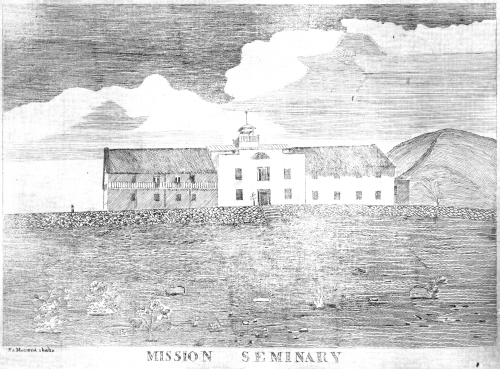 Mission Seminary [Lahainaluna], Maui, Hawai‘i. Engraving. Artist: Momona Call Number: Art. Education. Schools. Maui. Lahainaluna. Image from Bishop Museum Archives, Honolulu, Hawaii. Images are not to be re-used without permission.