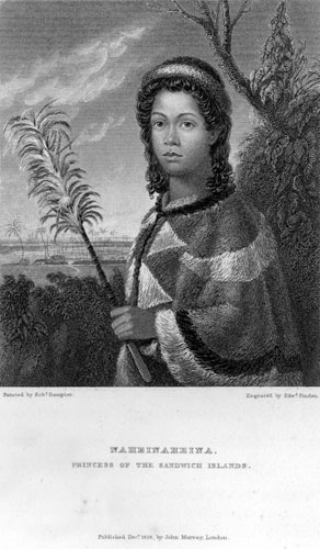 Engraving of Princess Nāhi‘ena‘ena by Edward Finden after a painting by Robert Dampier; Published December 1826 by John Murry, London. From: Voyage of H.M.S. Blonde to the Sandwich Islands in the Years 1824-1825. Captain The Right Hon. Lord Byron, Commander, plate facing page 105. DU 623.B99. copy 1, l.c. Call Number: DU 623.B99. copy 1, l.c. Location: Library: Voyage of H.M.S. Blonde to the Sandwich Islands in Image from Bishop Museum Archives, Honolulu, Hawaii. Images are not to be re-used without permission.