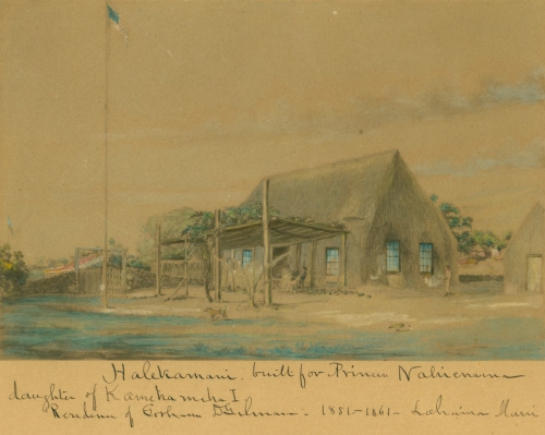 Halekamani, built for Princess Nāhi‘ena‘ena; Lāhainā, Maui. Later the residence of Gorham D. Gilman. Watercolor. after 1861. Unknown Russian artist. Call Number: Art Collection: Bishop, S. Location: Archives Image from Bishop Museum Archives, Honolulu, Hawaii. Images are not to be re-used without permission.