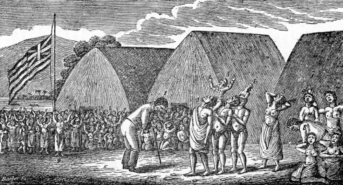 Lamentations for Keopuolani [1823]; 1.Kuakini, Governor of Hawaii 2.Hoapiri, husband of Keopuolani 3.Kauikeouli, prince 4.Nahienaena, princess 5.Kamehamaru, favorite queen of Rihoriho 6.Wahinepio, sister of Karaimoku 7.Kalakua, mother of Kamehamaru 8.Kaiko, near relative of Keopuolani 9.Keoua, wife of Kuakini. From: Memoir of Keopuolani, Late Queen of the Sandwich Islands. Boston: Crocker and Brewster, 1825, page 37. Call Number: SP 201921 Location: Art. People. K. Image from Bishop Museum Archives, Honolulu, Hawaii. Images are not to be re-used without permission.