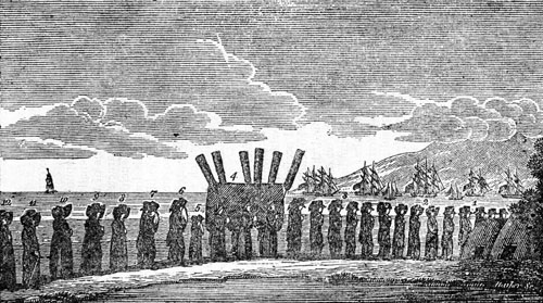 "Funeral Procession for Keopuolani [1823]; 1.Foreigners 2.Missionaries 3.Attendants 4.Casket (pall bearers: 4 queens of Rihoriho and 2 principal women) 5.Prince & Princess 6.King & Hoapili 7.Karaimoku & Boki 8.Taumuarii & Kaahumanu 9.Kuakini & Kalakua 10.Piia & Wahinepio 11.Kaikioeva & Keaveamahi 12.Naihi & Kapiolani." From: Memoir of Keopuolani, Late Queen of the Sandwich Islands. Boston: Crocker and Brewster, 1825, page 43. Call Number: Art. People. K. Artifact Number: SP 201922 Location: Bishop Museum Library Image from Bishop Museum Archives, Honolulu, Hawaii. Images are not to be re-used without permission.