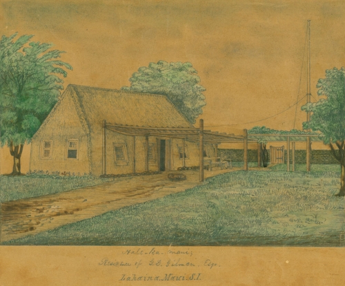 Halekamani; residence of Gorham D. Gilman (formerly the home of Princess Nāhi‘ena‘ena); Lāhainā, Maui. After S. Bishop. Call Number: SP 201996 Location: Art Collection: Bishop, S. Image from Bishop Museum Archives, Honolulu, Hawaii. Images are not to be re-used without permission.