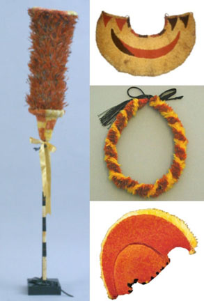 Examples of Feather Work:(on left) kahili, (top to bottom) ahu'ula, lei, and mahi'ole Collection: General Photograph Collection Location: Bishop Museum Archives Image from Bishop Museum Archives, Honolulu, Hawaii. Images are not to be re-used without permission.