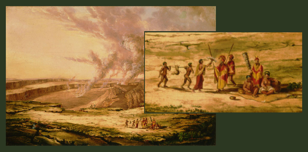 Detail of "Kilauea by Day" oil on canvas by Titian Ramsey Peale. 1842. Titian Ramsay Peale (1799-1885) was a member of the U.S. Exploring Expedition to the South Seas (1838-1842). This expedition, commanded by Charles Wilkes, arrived in Hawai‘i in September of 1840. In November of 1841, Peale and companions journeyed to Kīlauea, Hawai‘i, where the artist sketched several views of the volcanic crater. These sketches were the basis of paintings such as “Kilauea by Day.” They are combinations of actual observation and fabrication. The detail of “Kilauea by Day” focuses on a group of ali‘i and attendants, as the artist imagined they would have appeared approximately 50 or more years earlier. Collection: Art Collection Artifact Number: SXC 76866 Accession Number: 1925.08 (589) Location: Bishop Museum Archives Image from Bishop Museum Archives, Honolulu, Hawaii. Images are not to be re-used without permission.