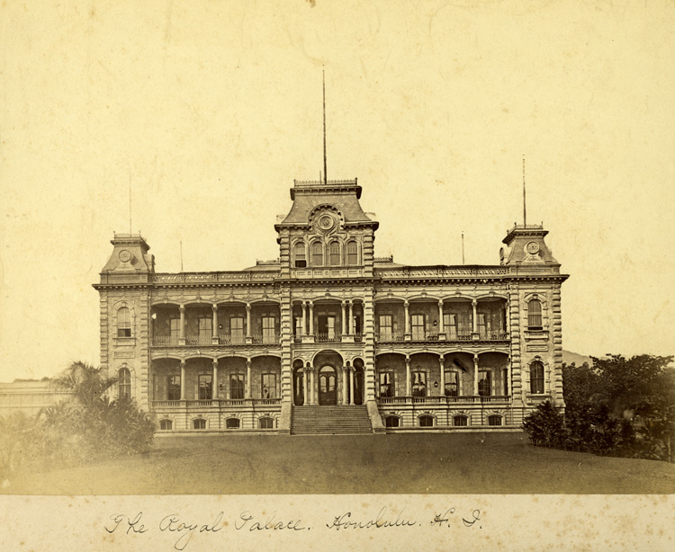 ‘Iolani Palace; Honolulu, Hawai‘i. ca. 1885. Call Number: Album: 1995.308.018 Accession Number: 1995.308 Location: Bishop Museum Archives Image from Bishop Museum Archives, Honolulu, Hawaii. Images are not to be re-used without permission.