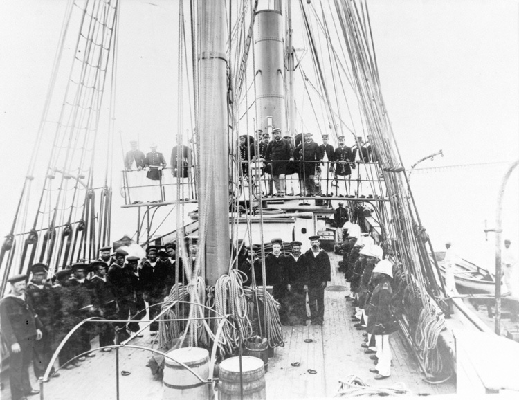 King Kalākaua (top deck, center) and crew aboard the Hawaiian Navy Ship Ka‘imiloa; Hawaii. ca. 1885 Collection: Ray Jerome Baker Collection Call Number: Honolulu Then & Now Artifact Number: SCB_31099 Location: Bishop Museum Archives Image from Bishop Museum Archives, Honolulu, Hawaii. Images are not to be re-used without permission.