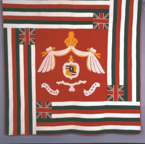 "Kuu Hae Hawaii" Hawaiian flag quilt housed at the Bishop Museum. Call Number: E.C. Hawaiian. Art. Quilting. Artifact Number: SXH 126211.1 Location: Bishop Museum Image from Bishop Museum Archives, Honolulu, Hawaii. Images are not to be re-used without permission.