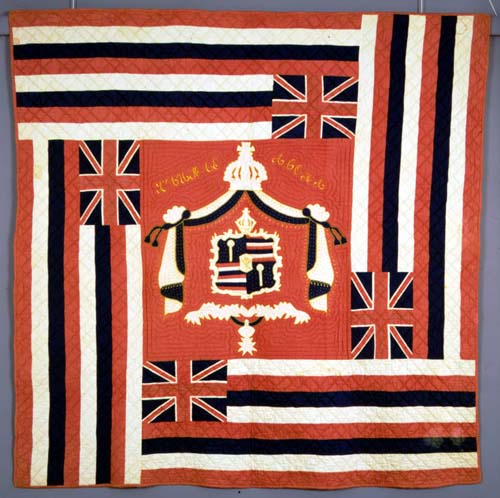 "Kuu Hae Aloha" a Hawaiian flag quilt made by Wilhemina Eichinger and Mrs. Enos of Maui. 1918. Call Number: E.C. Hawaiian. Art. Quilting. Artifact Number: SXH 126210.4 Image from Bishop Museum Archives, Honolulu, Hawaii. Images are not to be re-used without permission.