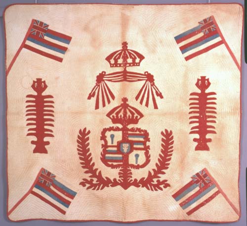 Hawaiian flag quilt with coat-of-arms and maile pattern. Call Number: E.C. Hawaiian. Art. Quilting. Artifact Number: SXH 126211.7 Image from Bishop Museum Archives, Honolulu, Hawaii. Images are not to be re-used without permission.