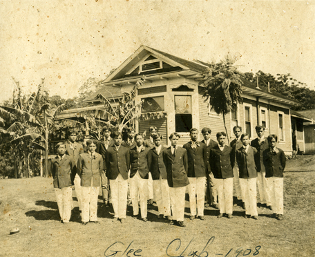 Lahainaluna Glee Club of 1908; Lahainaluna School, Maui. Collection: "Jazz" Belknap Collection Call Number: Education. Schools. Maui. Lahainaluna. Image from Bishop Museum Archives, Honolulu, Hawaii. Images are not to be re-used without permission.