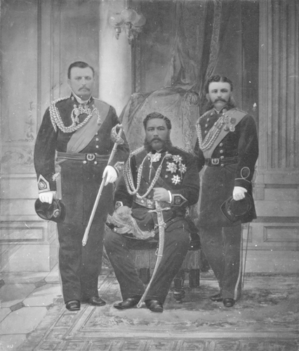 (left to right) Charles H. Judd, King Kalākaua and William Armstrong during trip around the world. 1881. Call Number: People. Kalākaua, folder 3. Artifact Number: SP_58992 Image from Bishop Museum Archives, Honolulu, Hawaii. Images are not to be re-used without permission.