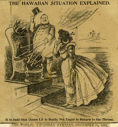 Political cartoon "The Hawaiian Situation Explained." from The World December 14, 1893. Collection: Pamphlet Collection Call Number: DU Hist Pam 234 Location: Bishop Museum Library Image from Bishop Museum Archives, Honolulu, Hawaii. Images are not to be re-used without permission.
