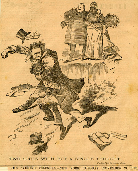 Political Cartoon "Two Souls With But A Single Thought" from The Evening Telegram November 21, 1893. Collection: Pamphlet Collection Call Number: DU Hist Pam 234 Location: Bishop Museum Library Image from Bishop Museum Archives, Honolulu, Hawaii. Images are not to be re-used without permission.