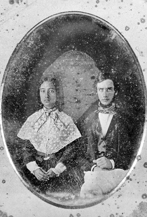 Possible wedding portrait of Princess Bernice Pauahi Bishop and Charles Reed Bishop; Hawai‘i. Daguerreotype by an unknown photographer, ca. 1850. Call Number: SP 21660 Accession Number: 1981.486 Image from Bishop Museum Archives, Honolulu, Hawaii. Images are not to be re-used without permission.