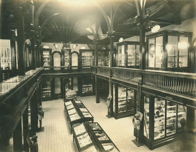 Interior view of Polynesian Hall from the west end of gallery at Bishop Museum; Honolulu, Hawai‘i. Call Number: SP 401 Image from Bishop Museum Archives, Honolulu, Hawaii. Images are not to be re-used without permission.