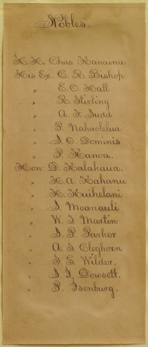 Detail of the House of Nobles listing from the composite ballots, 1874 election. Artifact Number: QM 204345 Image from Bishop Museum Archives, Honolulu, Hawaii. Images are not to be re-used without permission.