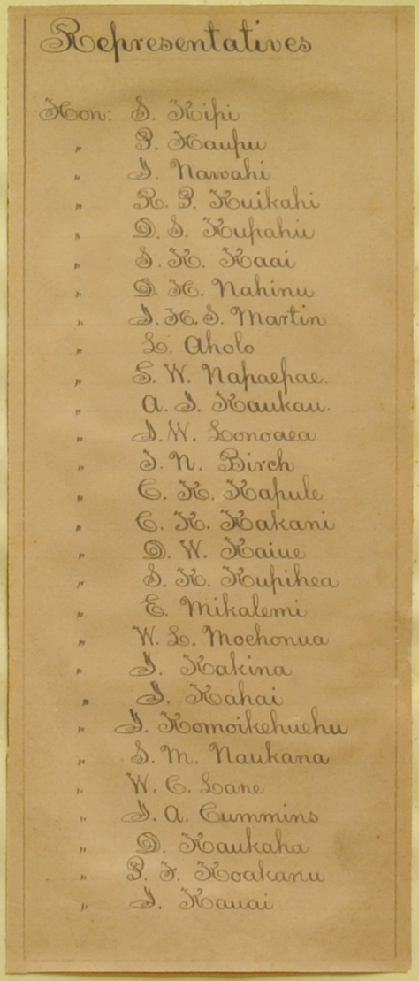 Detail of the House of Representatives listing from the composite ballots, 1874 election. Call Number: QM 204345 Image from Bishop Museum Archives, Honolulu, Hawaii. Images are not to be re-used without permission.