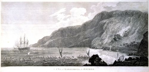 "A View of Karakakooa, in Owyhee." 1784. Engraving by W. Byrne after the artist John Webber. from: James Cook, "A Voyage to the Pacific Ocean...in the Years 1776-1780." London: 1784, pl. 68. Collection: Art Collection Call Number: Art. Geography. Hawai‘i. Kealakekua. Location: Bishop Museum Archives Image from Bishop Museum Archives, Honolulu, Hawaii. Images are not to be re-used without permission.