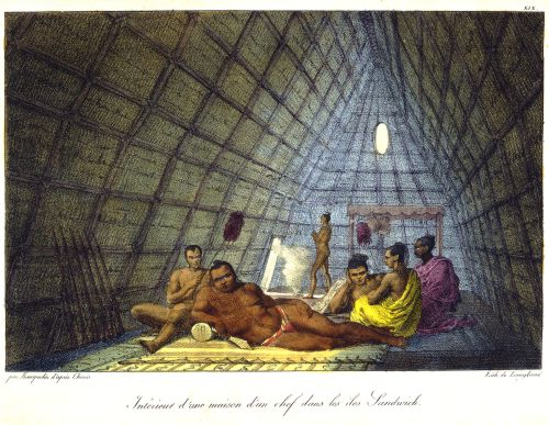 Interieur d’un Maison d’un Chef dans les Iles Sandwich [Hawai‘i]. [1822]. Hand-colored lithograph. Artist: Louis Choris, after. Lithographers: Franquelin, and Langlume. From: Louis Choris, Voyage Pittoresque Autour du Mond… (Paris: Imprime de Firmin Didot, 1820, [Iles Sandwich], pl. XIX. ff DU12 C55. Call Number: Art. E.C. Hawaiian. Domestic Life. Homes. Image from Bishop Museum Archives, Honolulu, Hawaii. Images are not to be re-used without permission.