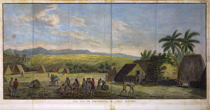Une Vue de l'Interieur de l'Isle d'Atooi [Kaua‘i], 1785. Hand-colored engraving by Bernard. From: James Cook. Troisieme Voyage de Cook. Paris: Hotel de Thou, 1785. pl. 35. Call Number: Art. Geography. Kaua‘i. Image from Bishop Museum Archives, Honolulu, Hawaii. Images are not to be re-used without permission.