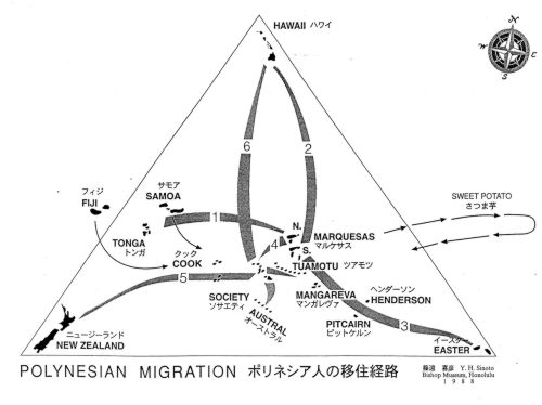 Map of Polynesian migration routes, 1988. Pen and ink drawing by Dr. Y. H. Sinoto. Call Number: Art. Geography. Maps & Charts. Image from Bishop Museum Archives, Honolulu, Hawaii. Images are not to be re-used without permission.