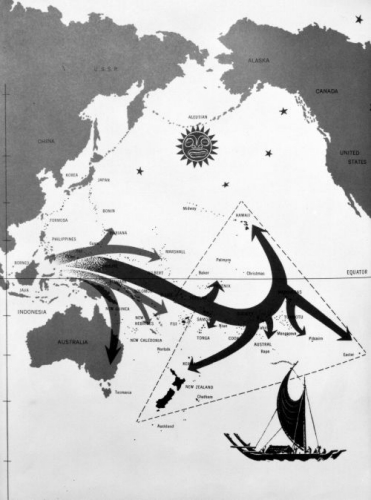 Map of Pacific migration routes, ca. 1969 by Joseph Feher. From: Joseph Feher, Hawai‘i: A Pictorial History (Honolulu: Bishop Museum, 1969) pg. 24. Call Number: Art. Geography. Maps & Charts. Image from Bishop Museum Archives, Honolulu, Hawaii. Images are not to be re-used without permission.