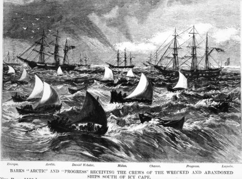 Destruction of the arctic whaling fleet; . Barks Arctic and Progress receiving crews of the wrecked and abandoned ships south of Ice Cape. September 1871. Lithograph. From: Harper’s Weekly. Collection: Hawaii Maritime Center Collection Call Number: HMC. Fishing. Whaling. Location: Bishop Museum Archives Image from Bishop Museum Archives, Honolulu, Hawaii. Images are not to be re-used without permission.