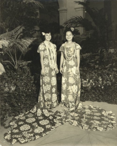 Hula dancers at the Royal Hawaiian Hotel; right: Lily Padeken Wai, member of the Royal Hawaiian Hula Girls; left: Leolani Blasidell. ca. 1950. Call Number: E.C. Hawaiian. Hula, 1900-, Folder 6. Image from Bishop Museum Archives, Honolulu, Hawaii. Images are not to be re-used without permission.