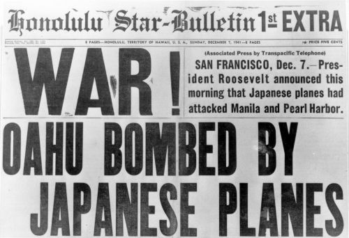 War headline of Honolulu Star-Bulletin, Honolulu, Hawai‘i, December 7, 1941. The Honolulu Star-Bulletin normally did not publish on Sundays in 1941, but the Japanese attack was reason enough for special editions to be printed that day. This was the first of at least 4 different editions that the newspaper published on Dec. 7, and it’s the most famous one. The huge headline immediately became a symbol of this momentous event. Many thousands of replicas of this front page have been sold as souvenirs since at least the 1960s Call Number: Military. WWII. December 7, 1941. Location: Bishop Museum Archives Image from Bishop Museum Archives, Honolulu, Hawaii. Images are not to be re-used without permission.