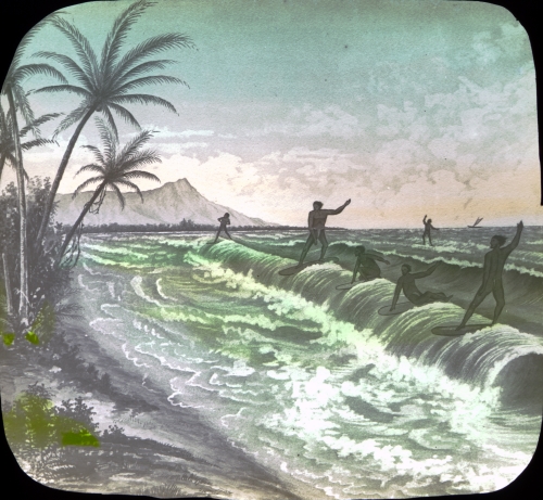 Surf-board Riding [Hawai‘i], ca. 1880. Hand-tinted lantern slide. Adapted from: Reverend J.G. Wood, The Uncivilized Races of Man in All Countries of the World. (Hartford: J.B. Burr, 1878), vol. II, pg. 1093. Call Number: Art. Recreation. Sports. Surfing. Image from Bishop Museum Archives, Honolulu, Hawaii. Images are not to be re-used without permission.