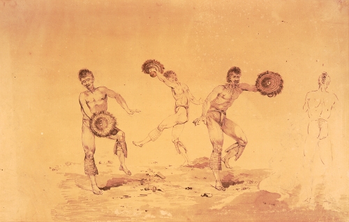 Pen, pencil and wash image by John Webber, ca. 1780. Collection: Art Collection Call Number: Art. E.C. Hawaiian. Hula. Artifact Number: SXC 39933 Accession Number: 1922.129 (189a) Location: Bishop Museum Archives Image from Bishop Museum Archives, Honolulu, Hawaii. Images are not to be re-used without permission.