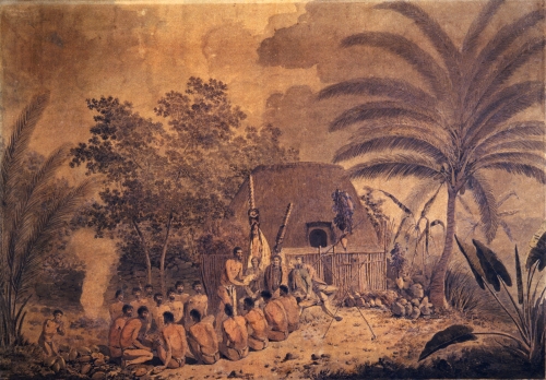 An Offering Before Cook in the Sandwich Islands. 1779. Ink and watercolor wash by John Webber. Collection: Art Collection Call Number: Art. Ethnic Culture. Hawaiian. Religion. Location: Bishop Museum Archives Image from Bishop Museum Archives, Honolulu, Hawaii. Images are not to be re-used without permission.