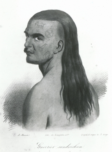"Guerrier Sandwichien." ca. 1822. Lithograph. Artist: A. Maurin, after Jaques Arago. Engraver: Kaeppelin & Co. From: Jaques Arago, Promenade Autour du Monde...1817...1820. Paris: 1822. Call Number: Art. Ethnic Culture. Hawaiian. People. Men. Image from Bishop Museum Archives, Honolulu, Hawaii. Images are not to be re-used without permission.